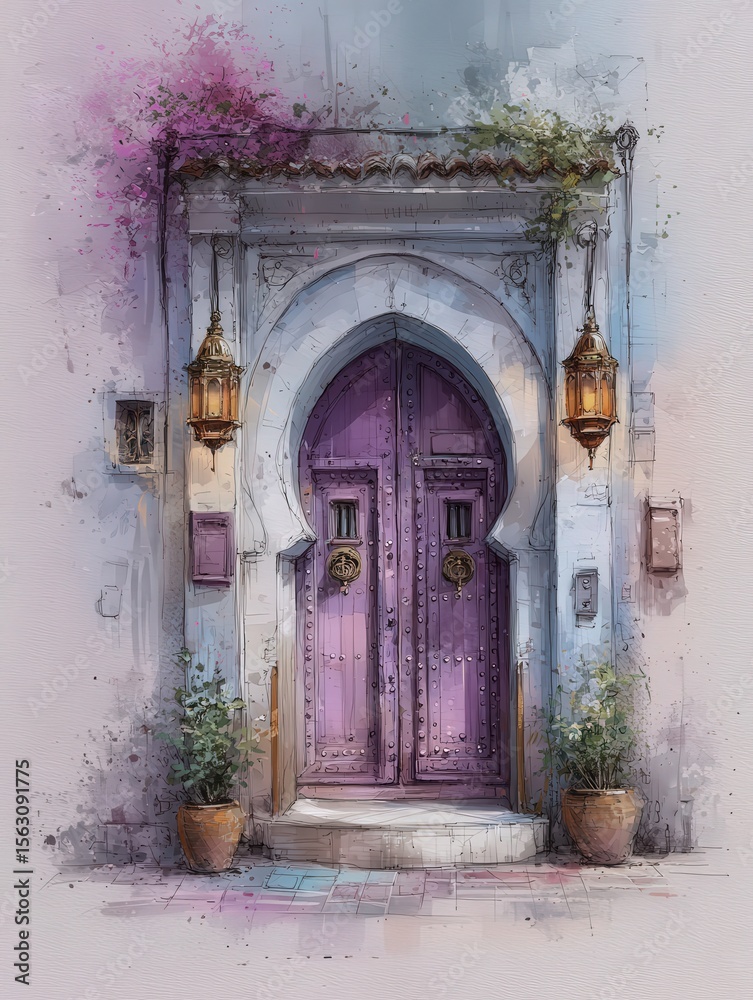 A charming purple door stands prominently in an alleyway, surrounded by potted plants and two hanging lanterns. Colorful flowers decorate the top, adding vibrancy to the scene.