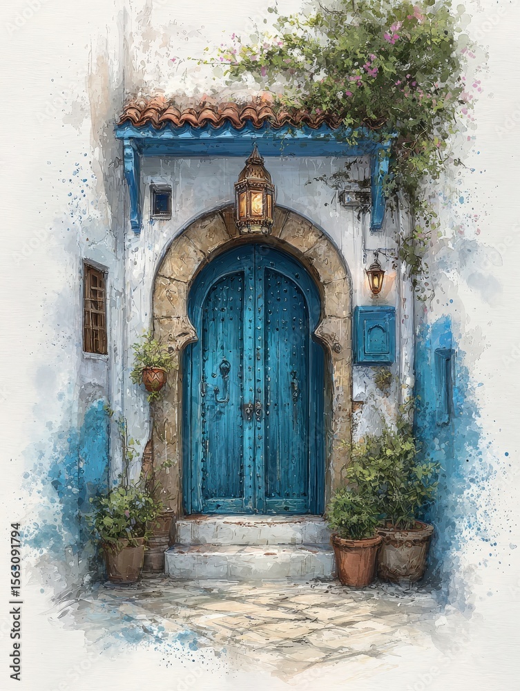 A striking blue door framed by stone walls opens to a charming Mediterranean entrance. Lush greenery and terracotta pots add to the tranquil, inviting atmosphere of this picturesque location.