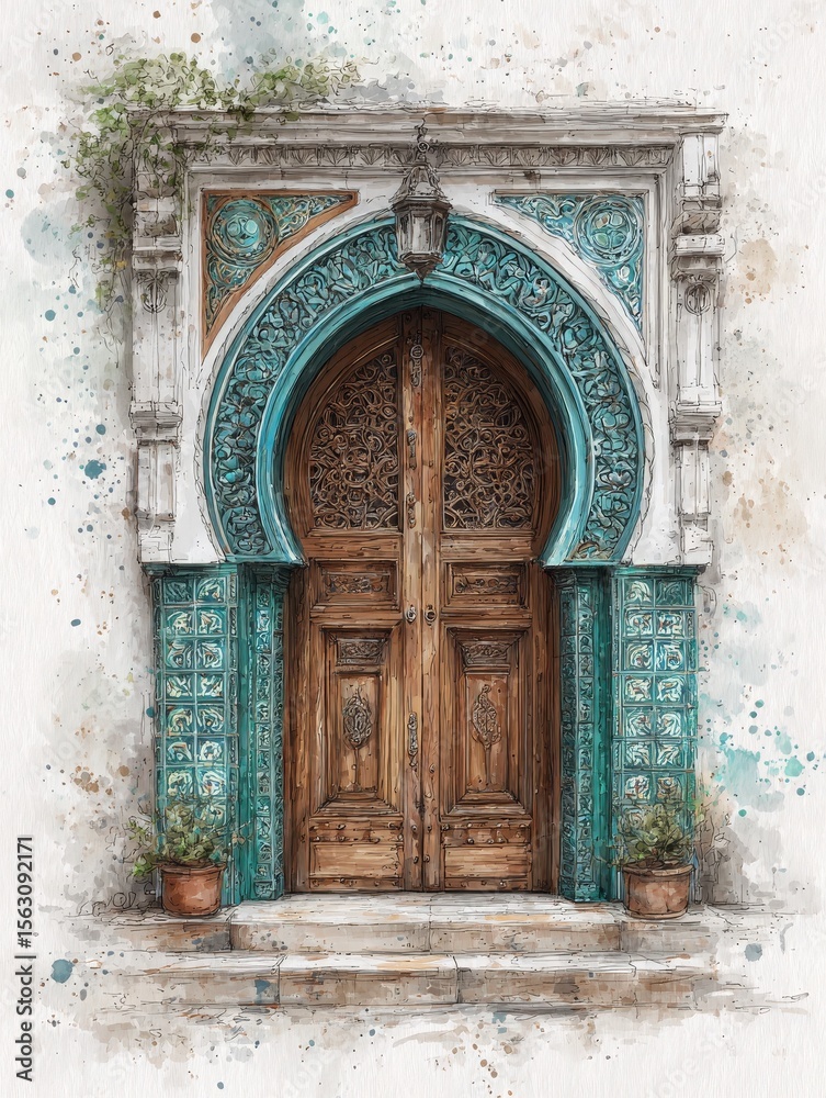 An elegant wooden door stands framed by beautifully detailed turquoise and white tiles. The intricate carvings reflect traditional craftsmanship, with decorative elements adding charm.