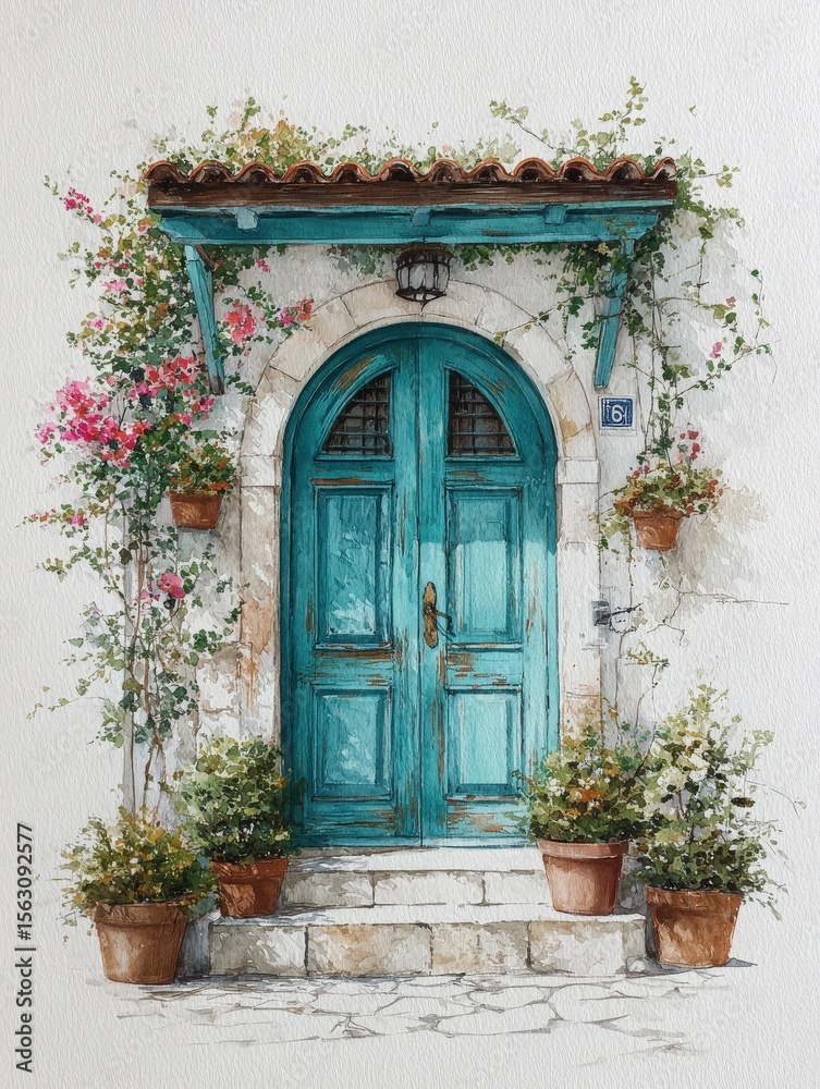 A stunning turquoise door is surrounded by blooming flowers and lush green plants in carefully arranged pots. The inviting entrance is set against a rustic stone wall, showcasing tranquility.