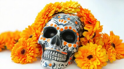 Poster - A sugar skull surrounded by bright yellow flowers on a white background