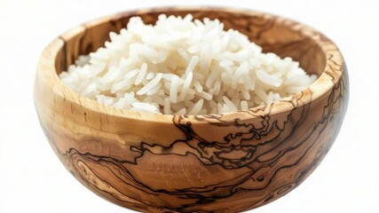 Poster - A simple and rustic setting featuring a wooden bowl filled with rice sitting on a table, perfect for use in scenes related to food, nature, or cultural settings