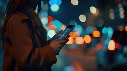Poster - A woman stands on a city street, focused on her cell phone