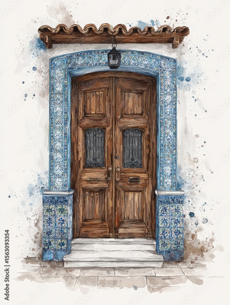 A beautifully crafted wooden door features intricate designs and is surrounded by vivid blue tiles. The warm tones of the wood contrast with the tiled embellishments, reflecting classic craftsmanship.
