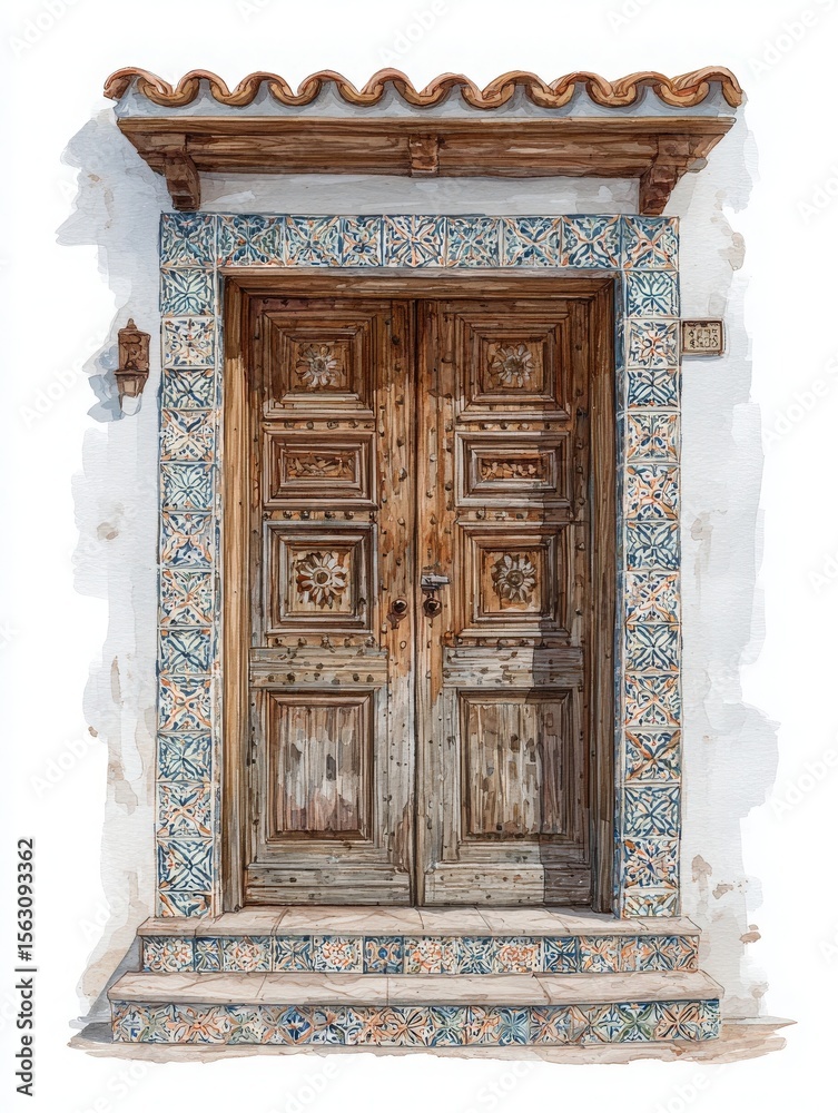 A rustic wooden door adorned with intricate tiles frames a charming entrance. The door features detailed carvings and a warm, inviting aura, typical of traditional architecture.