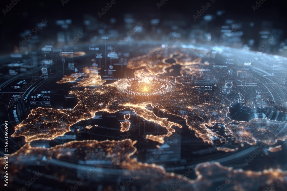 This display showcases a high-tech view of Europe at night, highlighting lights of cities and interactive data points.