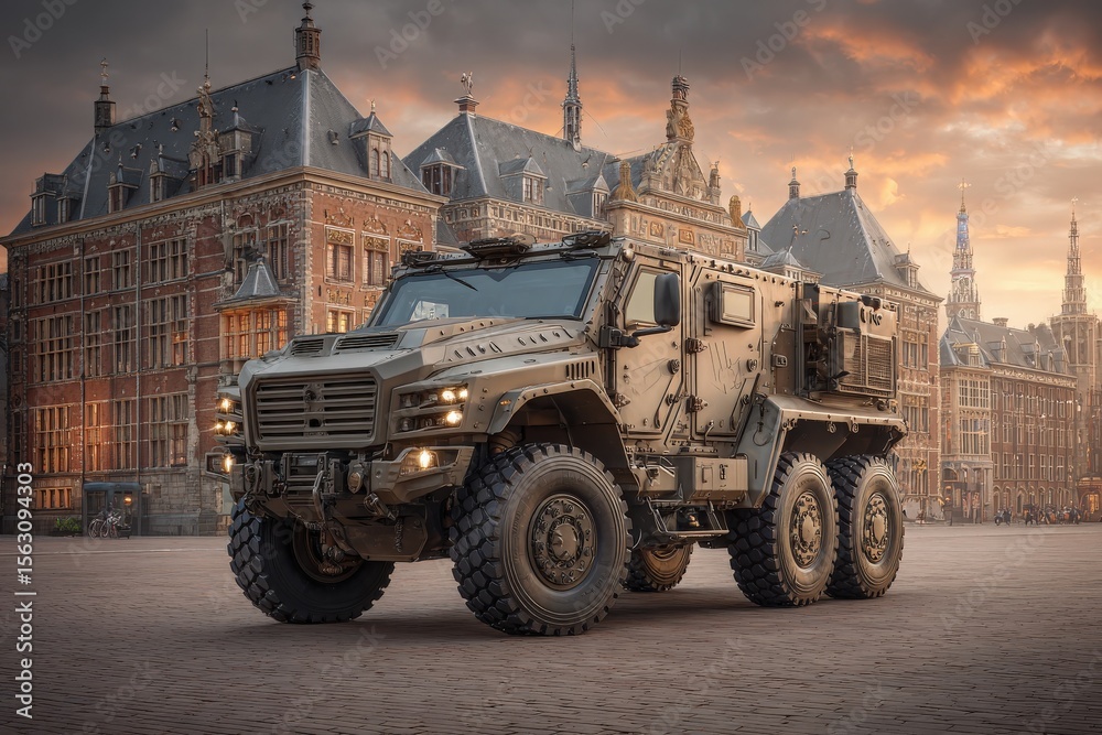 A heavily armored military vehicle stands prominently in a historic urban square at sunset.
