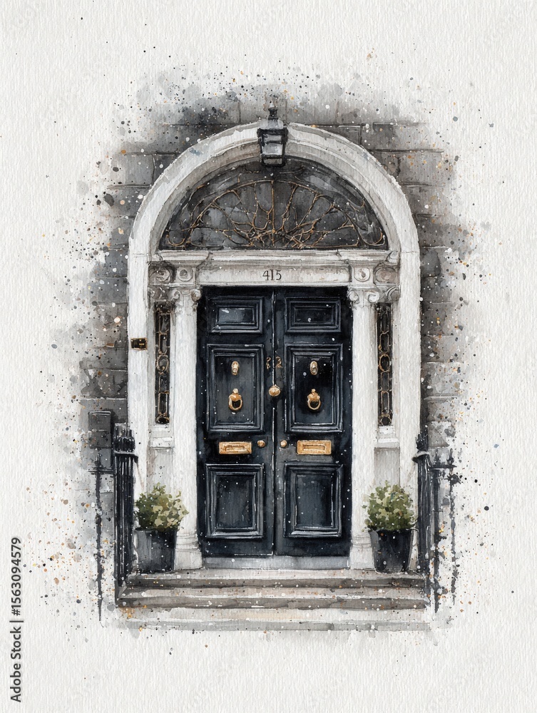 A striking black double door stands out against a gray stone wall, adorned with gold fixtures and surrounded by potted plants. The entrance exudes elegance in a vibrant urban environment.
