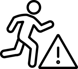 Poster - Running person warning sign, stick figure running near caution symbol, black outline, safety alert, hazard risk, simple icon, isolated on transparency background