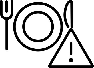 Poster - Plate fork knife warning exclamation food alert caution symbol icon black outline utensil dining meal hazard sign safety risk triangle notice kitchen restaurant eat graphic minimal simple vector