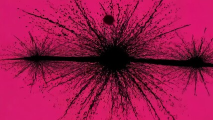 Poster - A textured pink background is splattered with a horizontal line of dark black ink spots