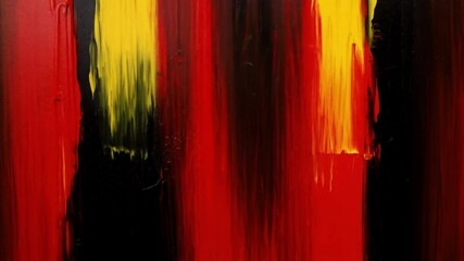 Poster - A vibrant abstract painting features bold red, yellow, and black brushstrokes creating a textured background