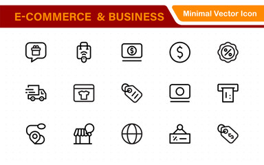 Poster - E-Commerce set of web icons in line style. Online shopping icons for web and mobile app. Business, mobile shop, digital marketing, bank card, gifts, sale, delivery. Vector illustration