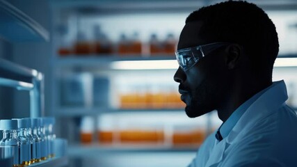 Poster - A person in a white lab coat and glasses studying rows of chemical bottles