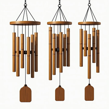 A serene set of three wooden bamboo wind chimes, beautifully rendered and isolated on a white background, perfect for illustrating concepts of peace and tranquility.
