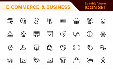 Poster - E-Commerce set of web icons in line style. Online shopping icons for web and mobile app. Business, mobile shop, digital marketing, bank card, gifts, sale, delivery. Vector illustration