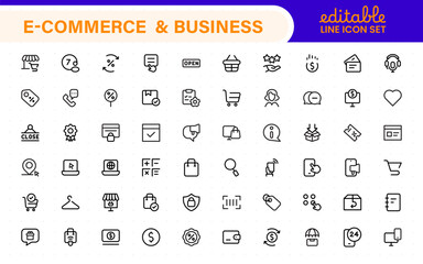 Poster - E-Commerce set of web icons in line style. Online shopping icons for web and mobile app. Business, mobile shop, digital marketing, bank card, gifts, sale, delivery. Vector illustration