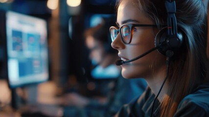Poster - A woman sits in front of a computer, focused on her work while wearing a headset