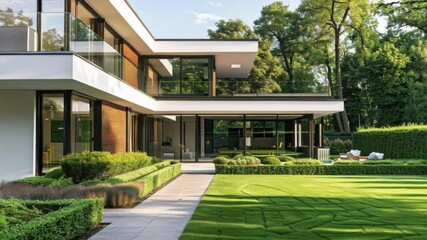 Poster - A modern-style house with a big garden and a spacious lawn, suitable for outdoor events or family gatherings