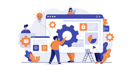 Fototapete - Teamwork and digital marketing concept in flat vector illustration for web design and development