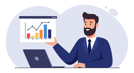 Poster - Business analytics presentation concept with businessman in flat vector illustration style