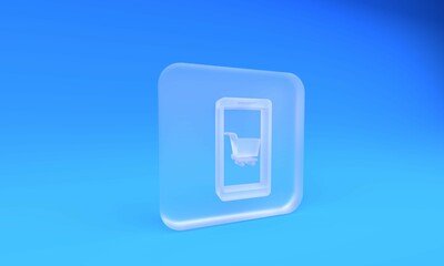 Aufkleber - Frosted glass Mobile phone and shopping cart icon isolated on blue background. Online buying symbol. Supermarket basket symbol. Square frosted glass button. 3D render illustration