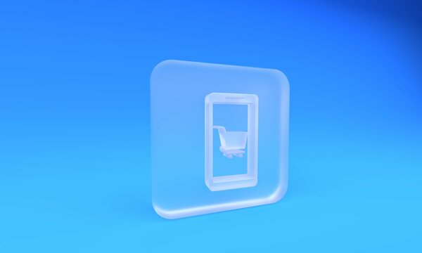 Frosted glass Mobile phone and shopping cart icon isolated on blue background. Online buying symbol. Supermarket basket symbol. Square frosted glass button. 3D render illustration