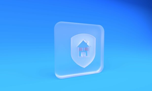 Frosted glass House under protection icon isolated on blue background. Home and shield. Protection, safety, security, protect, defense concept. Square frosted glass button. 3D render illustration