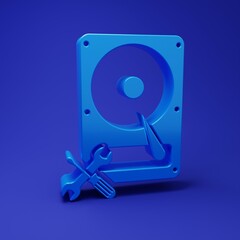 Poster - Blue Hard disk drive with screwdriver and wrench icon isolated on blue background. Adjusting, service, setting, maintenance, repair, fixing. Minimalism concept. 3D render illustration