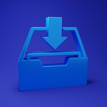 Blue Download inbox icon isolated on blue background. Add to archive. Minimalism concept. 3D render illustration