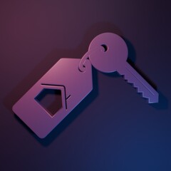 Poster - Purple House with key icon isolated on purple-blue background. The concept of the house turnkey. Minimalism concept. 3D render illustration