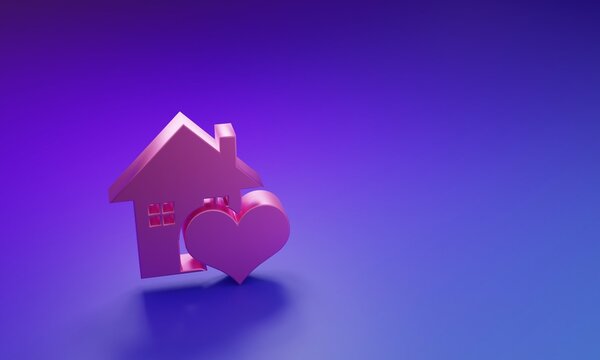 Pink House with heart shape icon isolated on purple-blue background. Love home symbol. Family, real estate and realty. Minimalism concept. 3D render illustration