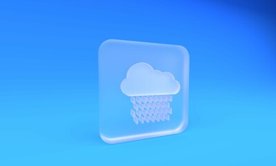 Poster - Frosted glass Cloud with rain icon isolated on blue background. Rain cloud precipitation with rain drops. Square frosted glass button. 3D render illustration