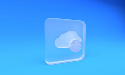 Poster - Frosted glass Cloud with snow icon isolated on blue background. Cloud with snowflakes. Single weather icon. Snowing sign. Square frosted glass button. 3D render illustration