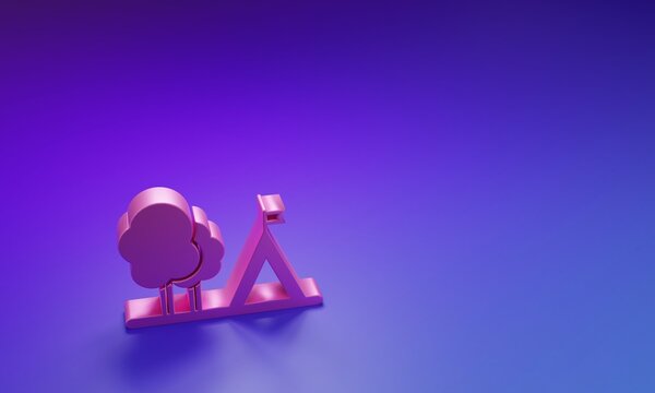 Pink Tourist tent with flag icon isolated on purple-blue background. Camping symbol. Minimalism concept. 3D render illustration