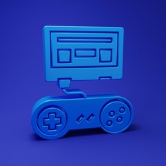Poster - Blue Video game console with joystick icon isolated on blue background. Minimalism concept. 3D render illustration