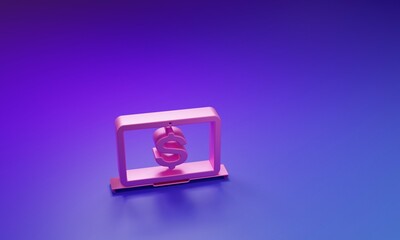 Leinwandbilder - Pink Laptop with dollar symbol icon isolated on purple-blue background. Online shopping concept. Economy concept. Minimalism concept. 3D render illustration