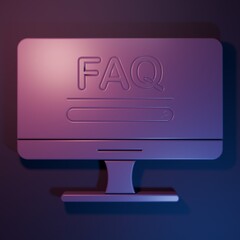 Fototapete - Purple Computer monitor with text FAQ information icon isolated on purple-blue background. Frequently asked questions. Minimalism concept. 3D render illustration