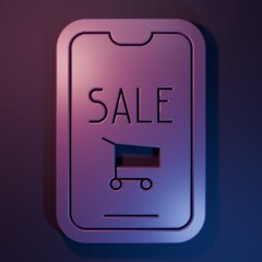 Fototapete - Purple Mobile phone and shopping cart icon isolated on purple-blue background. Online buying symbol. Supermarket basket symbol. Minimalism concept. 3D render illustration
