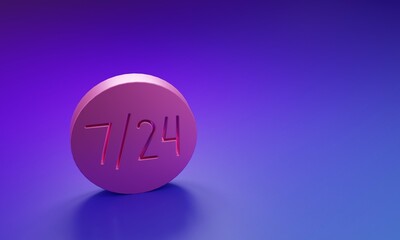 Poster - Pink Clock 24 hours icon isolated on purple-blue background. All day cyclic icon. 24 hours service symbol. Minimalism concept. 3D render illustration
