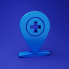 Poster - Blue Medical map pointer with cross hospital icon isolated on blue background. Minimalism concept. 3D render illustration