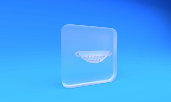 Frosted glass Kitchen colander icon isolated on blue background. Cooking utensil. Cutlery sign. Square frosted glass button. 3D render illustration