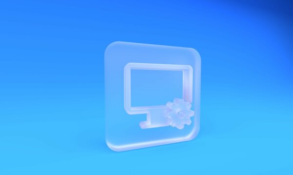 Frosted glass Computer monitor and gear icon isolated on blue background. Adjusting, service, setting, maintenance, repair, fixing. Square frosted glass button. 3D render illustration
