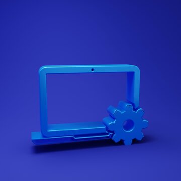 Blue Laptop and gear icon isolated on blue background. Adjusting, service, setting, maintenance, repair, fixing. Minimalism concept. 3D render illustration