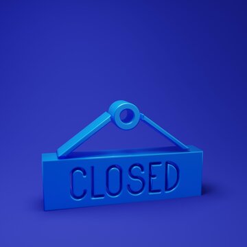 Blue Hanging sign with text Closed icon isolated on blue background. Business theme for cafe or restaurant. Minimalism concept. 3D render illustration