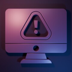 Leinwandbilder - Purple Computer monitor with exclamation mark icon isolated on purple-blue background. Alert message smartphone notification. Minimalism concept. 3D render illustration