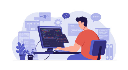 Fototapete - Programmer working on code in modern office setting vector illustration