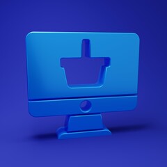Leinwandbilder - Blue Computer monitor with shopping basket icon isolated on blue background. Online Shopping cart. Supermarket basket symbol. Minimalism concept. 3D render illustration