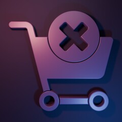 Fototapete - Purple Remove shopping cart icon isolated on purple-blue background. Online buying concept. Delivery service. Supermarket basket and X mark. Minimalism concept. 3D render illustration
