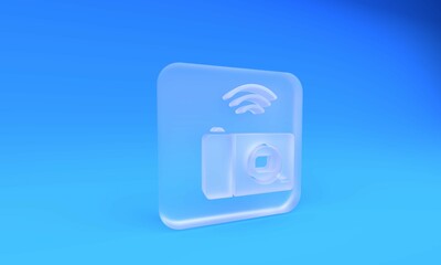Poster - Frosted glass Smart photo camera system icon isolated on blue background. Internet of things concept with wireless connection. Square frosted glass button. 3D render illustration